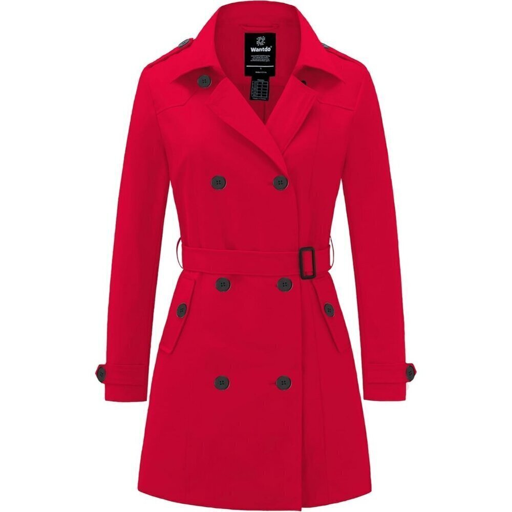 🆕Women's Red Waterproof Trench Coat with Classic Lapel and Belted Design